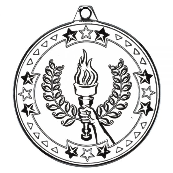 Silver 50mm Round Medal - Victory Torch Design